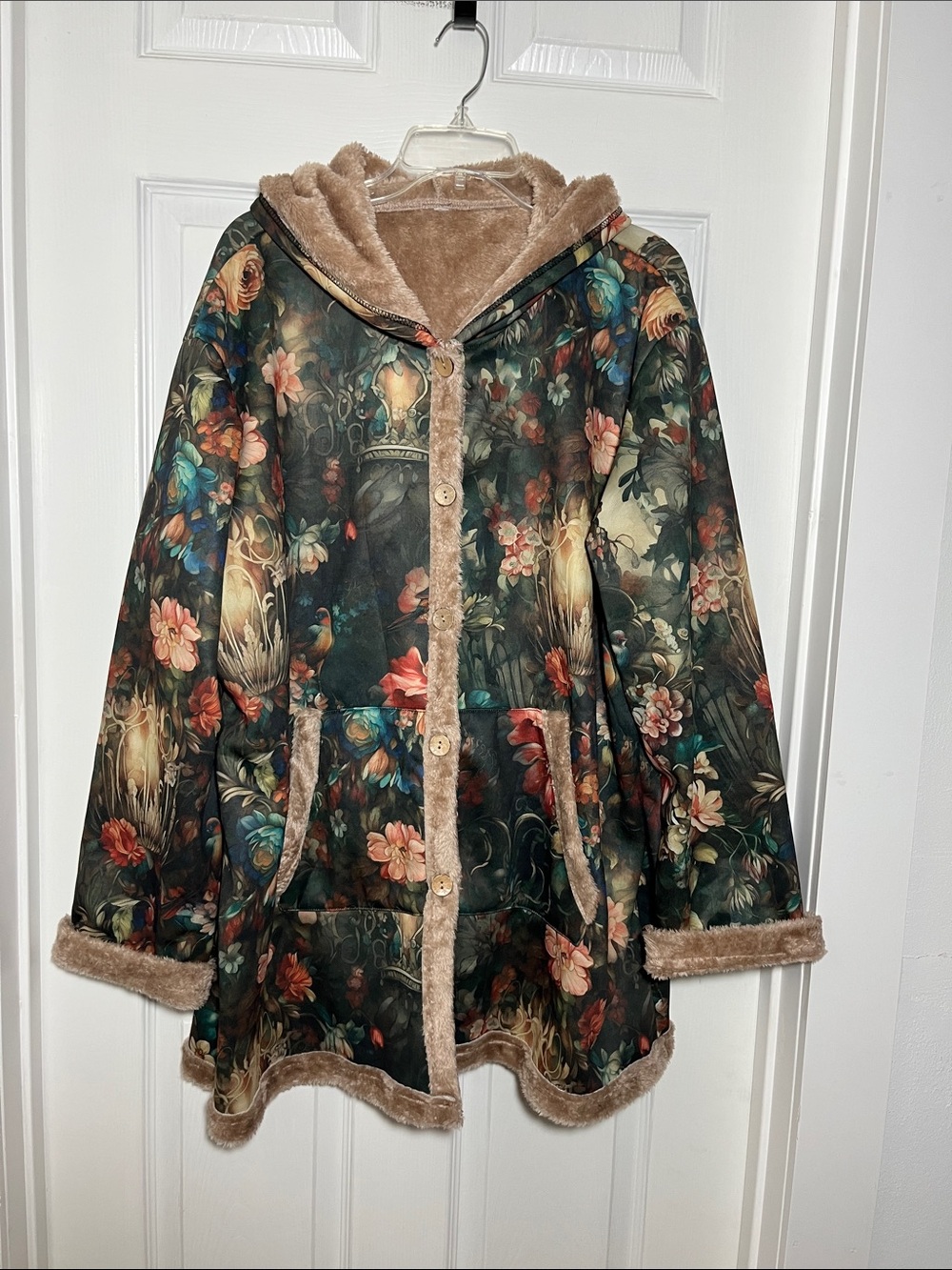 Teddy-Lined Hooded Coat in Multicolor Floral Print